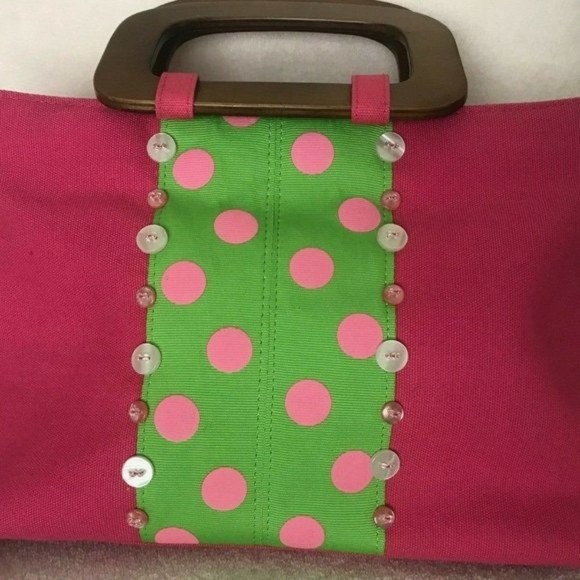 Madison Studio Polka Dots Purse Clutch Wooden Handles Pink Green Embellished - Picture 2 of 9
